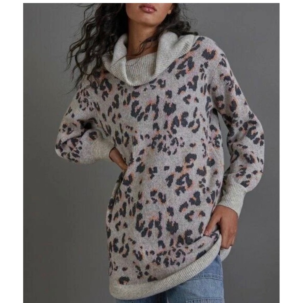 Anthropologie Tunic Sweater Emmy Cowl Neck Leopard Off Shoulder Gray Small
